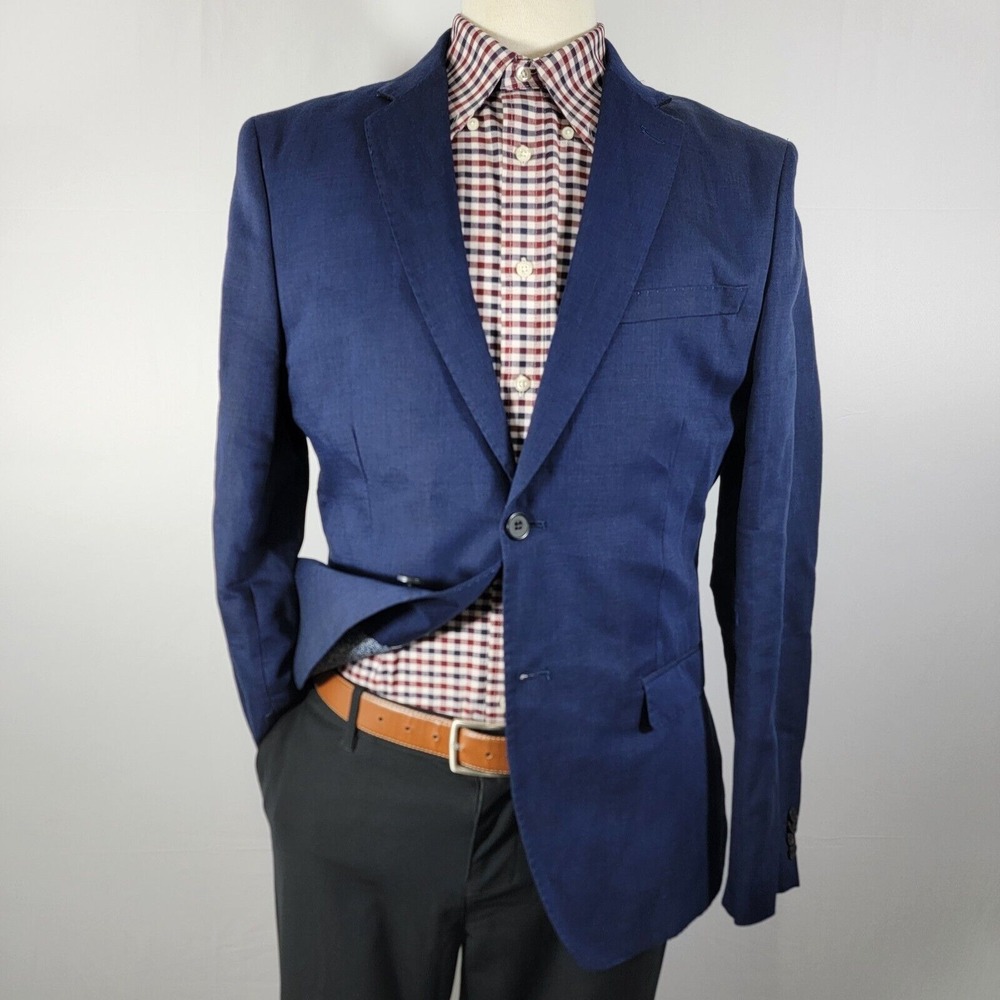H&M Men's Sport Coat Blazer Two Button Solid Navy Cotton Linen Blend Size 44R